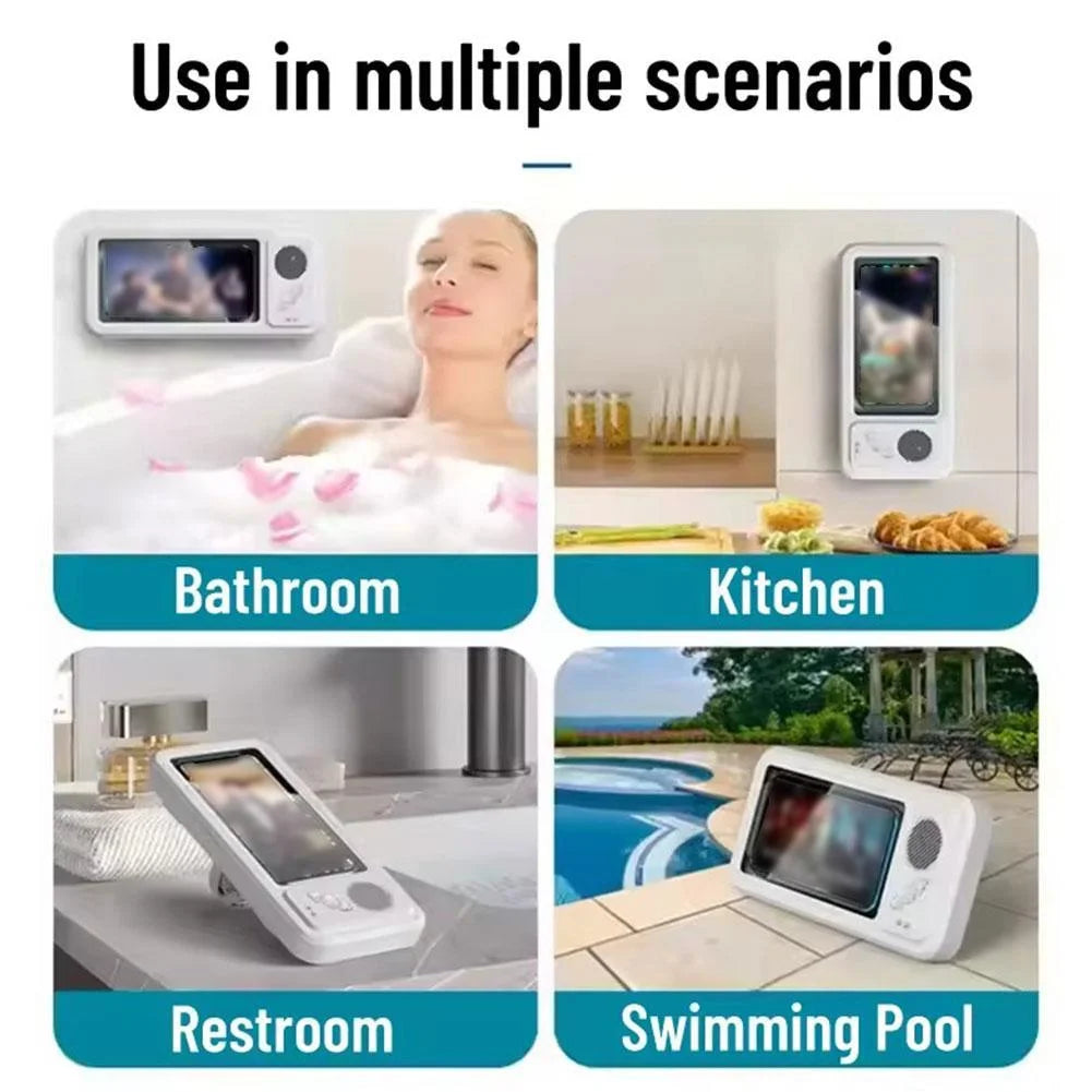 Shower Phone Holder with Bluetooth Speaker, Waterproof Anti-Fog Phone Case for Bathroom Wall, Sensitive Touch Screen Mount