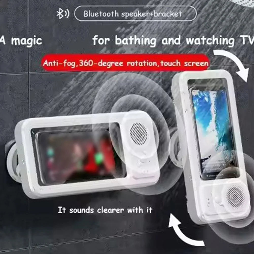 Shower Phone Holder with Bluetooth Speaker, Waterproof Anti-Fog Phone Case for Bathroom Wall, Sensitive Touch Screen Mount